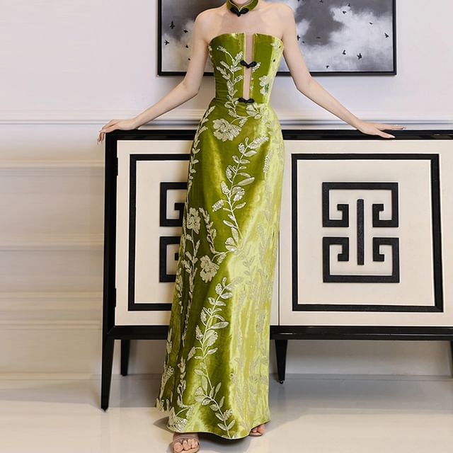 Strapless Floral Evening Embroidered Gown A-Line