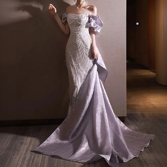 Shoulder Sleeve Mermaid Evening Sequin Off Ruffle Dress