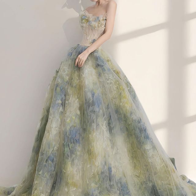 Strapless Floral A-Line Evening Gown