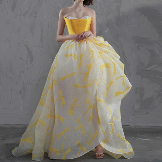 A-Line Strapless Floral Evening Print Gown