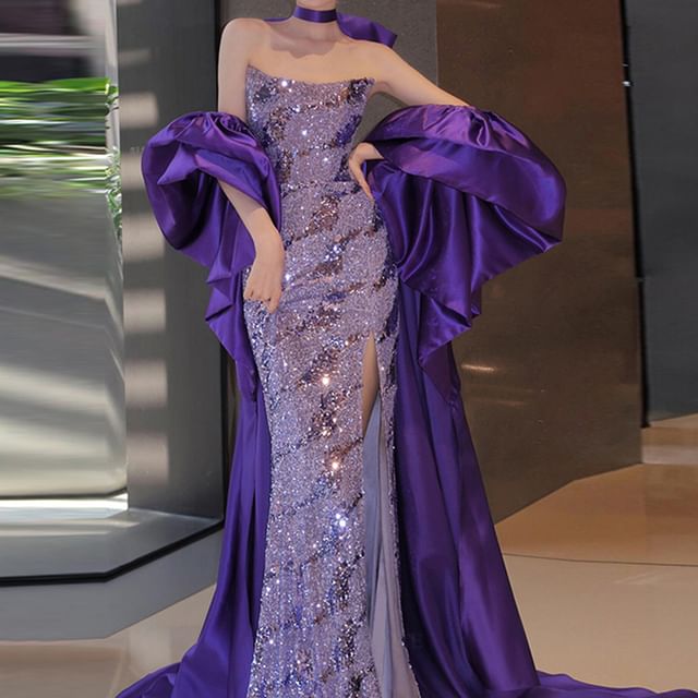 Strapless Sequin Slit Sheath Evening Gown