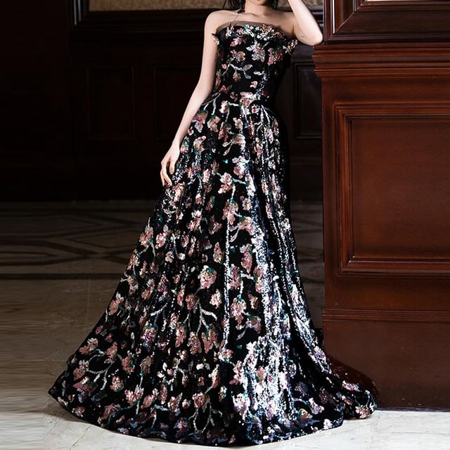 Evening Strapless A-Line Gown Floral