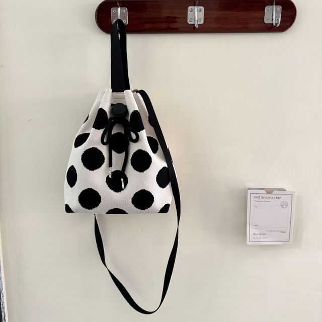 Patterned Drawstring Knit Bucket Bag