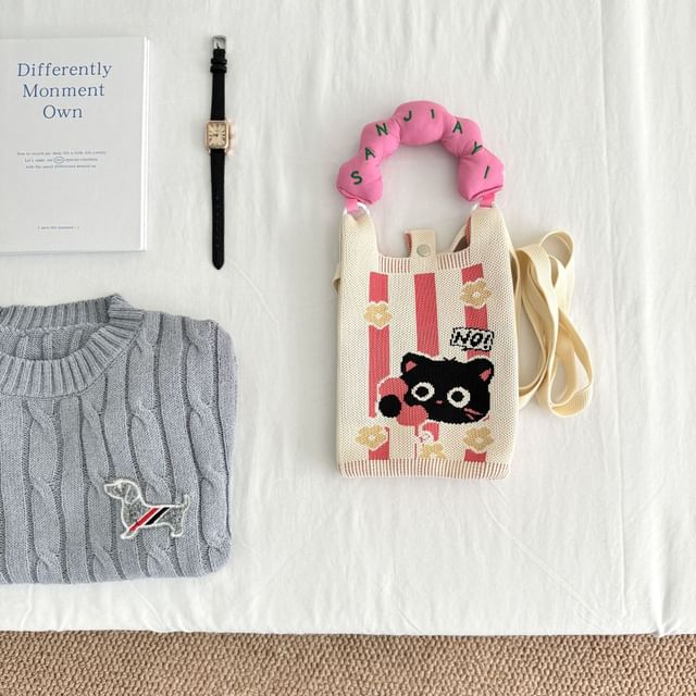Handle Knit Print Bag Top Cartoon Donut Crossbody