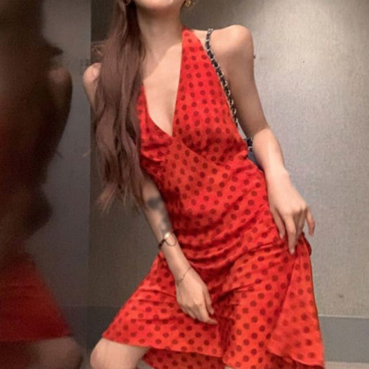 Dotted Smock Halter V-Neck Dress