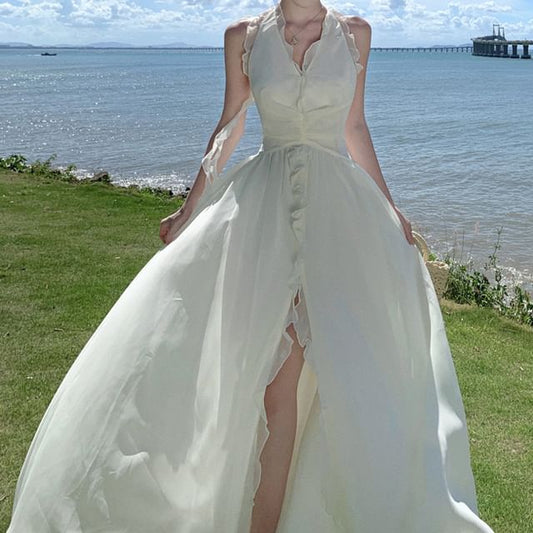 Ruffle Dress Plain A-Line V-Neck Maxi Front-Slit Halter