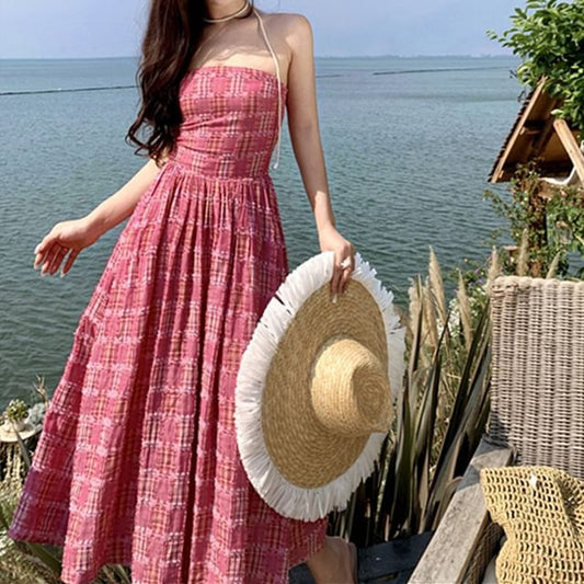 A-Line Strapless Plaid Dress Maxi