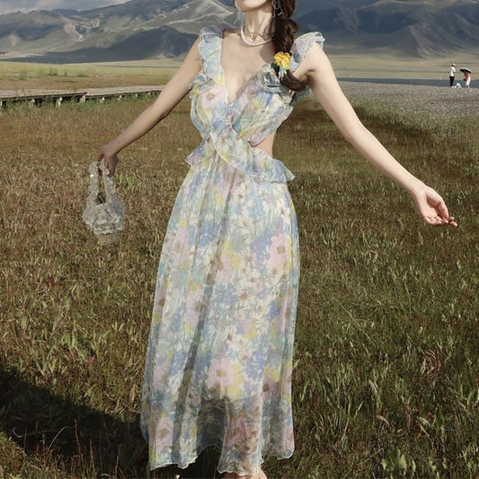 Maxi Floral Cutout Sundress V-Neck Sleeveless Ruffle