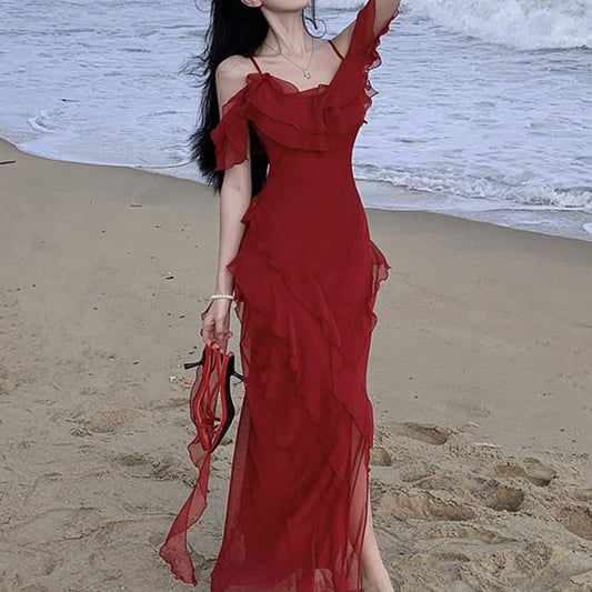 Asymmetrical Maxi Ruffle Sundress Cold-Shoulder Plain