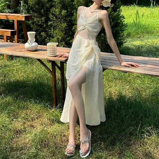 Slit V-Neck Lace Spaghetti A-Line Strap Plain Ruched Panel Maxi Dress