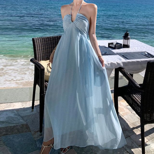 Halter Back Maxi Tie A-Line Plain Dress