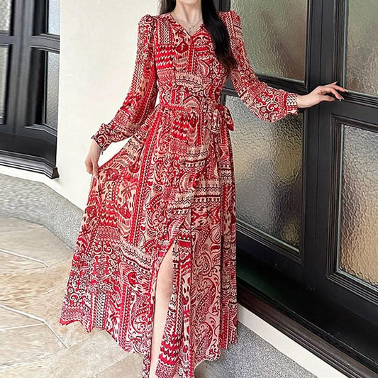 Long-Sleeve Slit Patterned Dress V-Neck Maxi Print A-Line