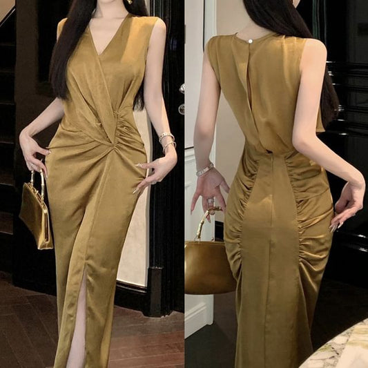 Plain V-Neck Slit Maxi Sleeveless Dress Wrap Sheath Ruched