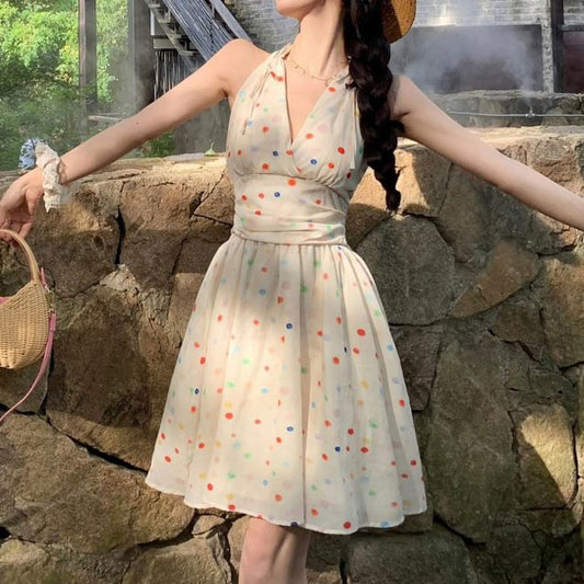 A-Line Dotted Dress Halter Mini V-Neck