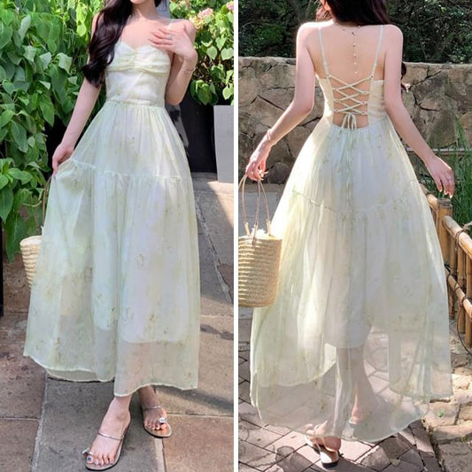 Strap Up Print Spaghetti Patterned Maxi Dress A-Line Lace