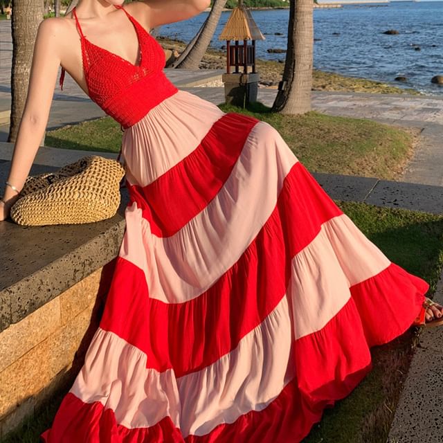 Sundress Maxi Halter Striped