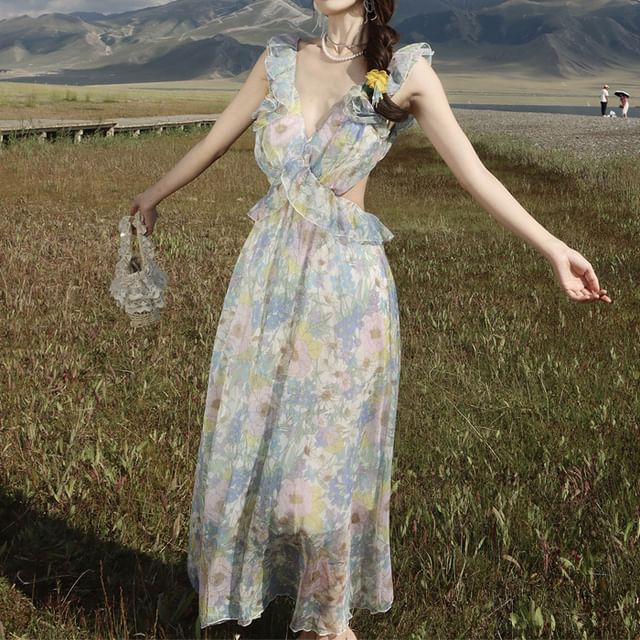 Maxi Floral Cutout Sundress V-Neck Sleeveless Ruffle