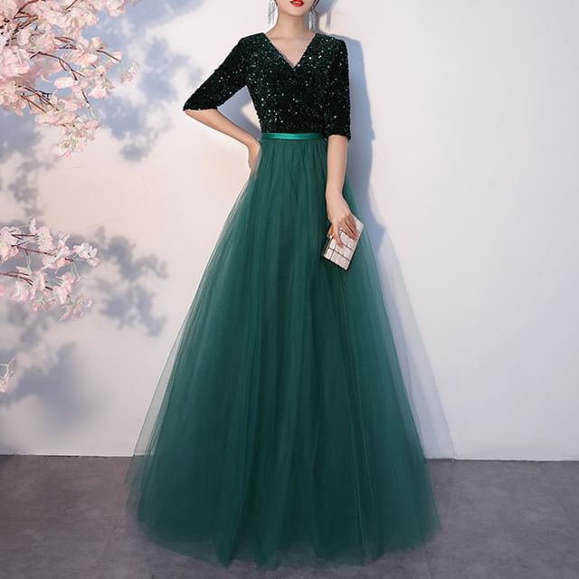 V-Neck Elbow-Sleeve Sequin A-Line Gown Evening