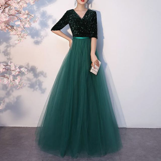 V-Neck Elbow-Sleeve Sequin A-Line Gown Evening