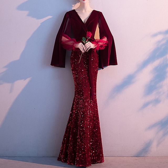 Sequin Gown Mermaid Evening Maxi Flared-Sleeve