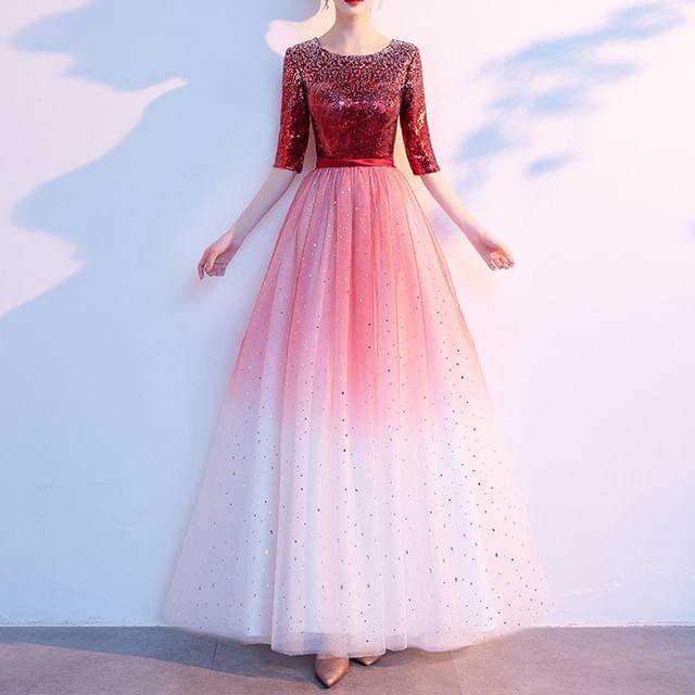Gradient Sequin Elbow-Sleeve Evening Gown A-Line
