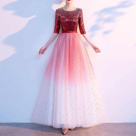 Gradient Sequin Elbow-Sleeve Evening Gown A-Line