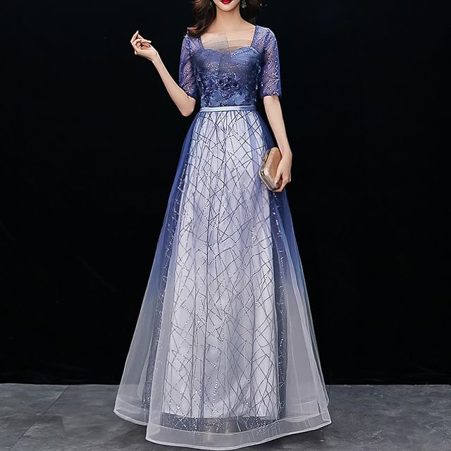 Gown Embroidered A-Line Sequin Flower Evening