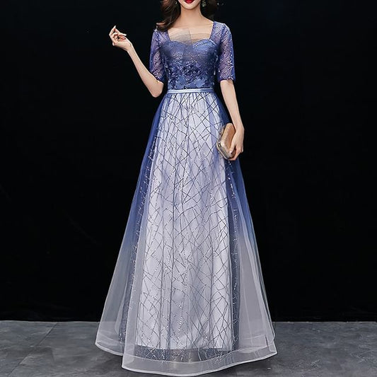 Gown Embroidered A-Line Sequin Flower Evening