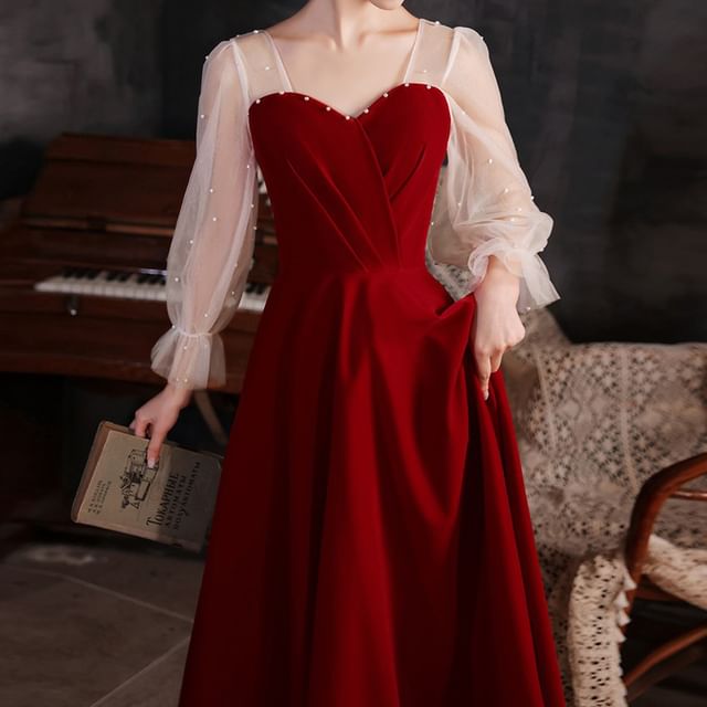 / Faux Dress A-Line Evening Plain Midi Pearl Gown Puff-Sleeve