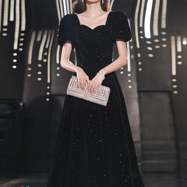 Puff-Sleeve Evening Gown Sequin A-Line