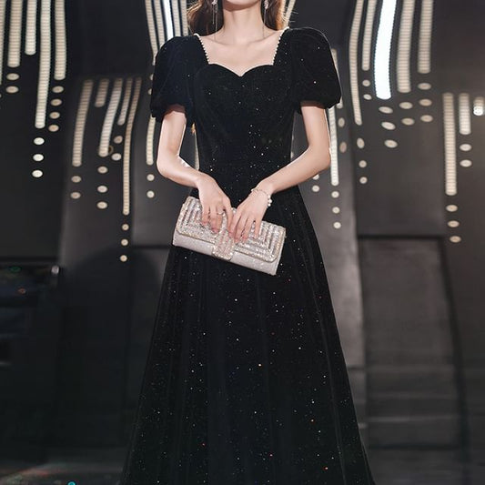 Puff-Sleeve Evening Gown Sequin A-Line