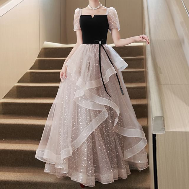 / Sequin Evening Cocktail Gown A-Line Dress Puff-Sleeve