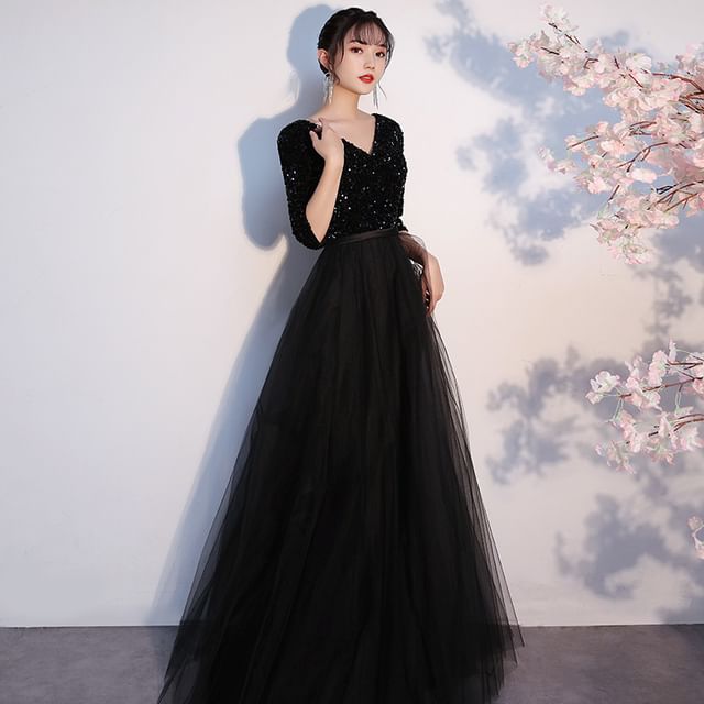 V-Neck Elbow-Sleeve Sequin A-Line Gown Evening