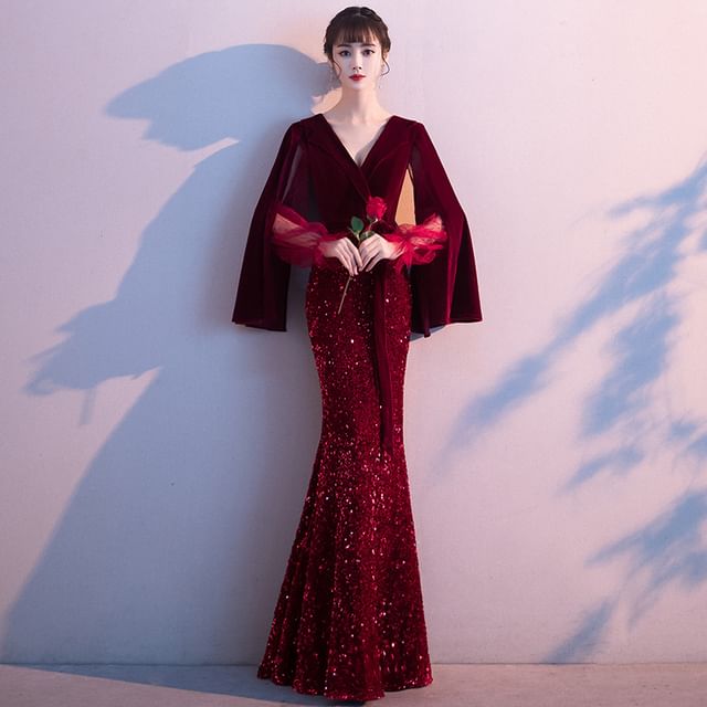 Sequin Gown Mermaid Evening Maxi Flared-Sleeve