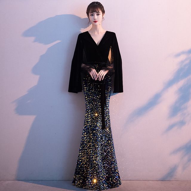 Mermaid Maxi Evening Sequin Gown Flared-Sleeve