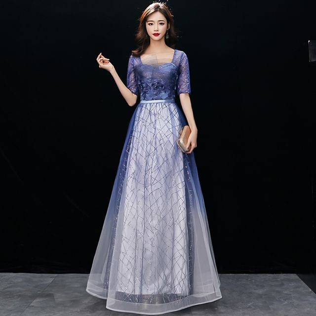 Gown Embroidered A-Line Sequin Flower Evening