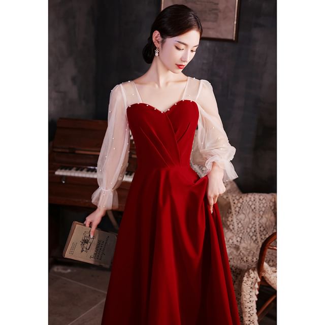 / Faux Dress A-Line Evening Plain Midi Pearl Gown Puff-Sleeve