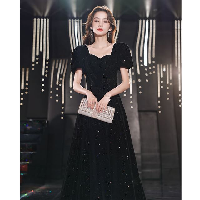 Puff-Sleeve Evening Gown Sequin A-Line