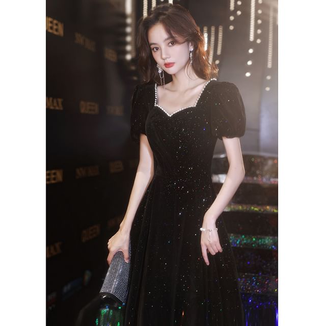 Puff-Sleeve Gown Sequin A-Line Evening