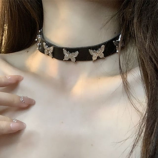 Choker Leather Butterfly Faux