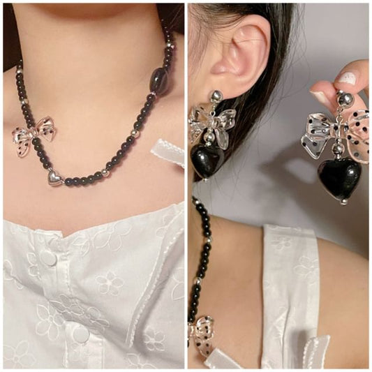 / Heart Accent Drop Necklace Earring