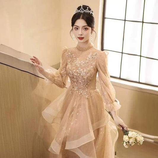 Puff-Sleeve Print Gown Butterfly A-Line Ruffle Sequin Evening