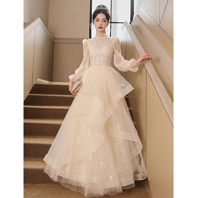 Puff-Sleeve Print Gown Butterfly A-Line Ruffle Sequin Evening