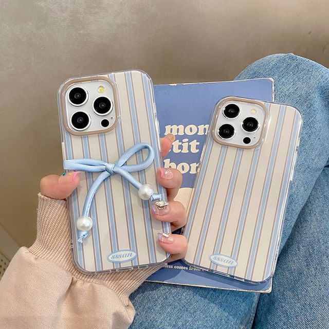 Striped Bow / Faux Pearl Phone Set Decoration Case Adhesive