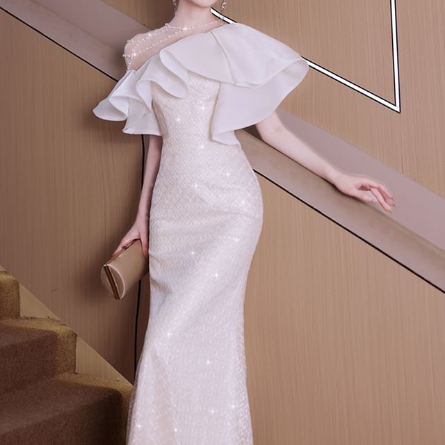 Beaded Sequin Mermaid Short-Sleeve Ruffle Gown Trim Evening