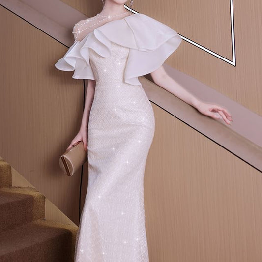 Beaded Sequin Mermaid Short-Sleeve Ruffle Gown Trim Evening