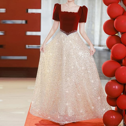 Gown Square A-Line Panel Neck Evening Sequin Short-Sleeve