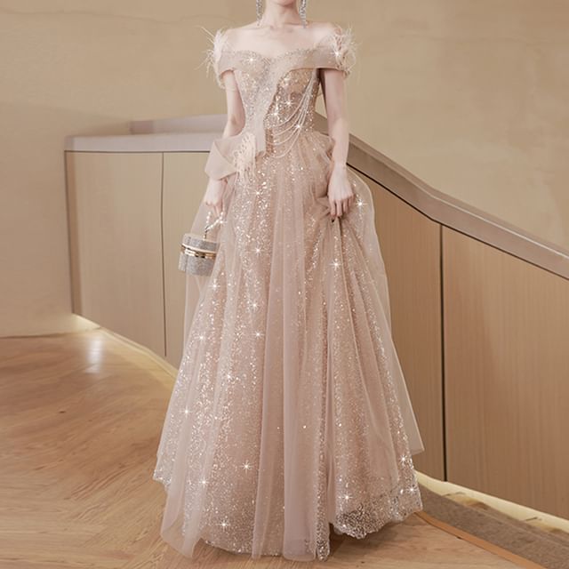 Gown Fringed Sequin Off-Shoulder Evening Mesh A-Line Sleeveless