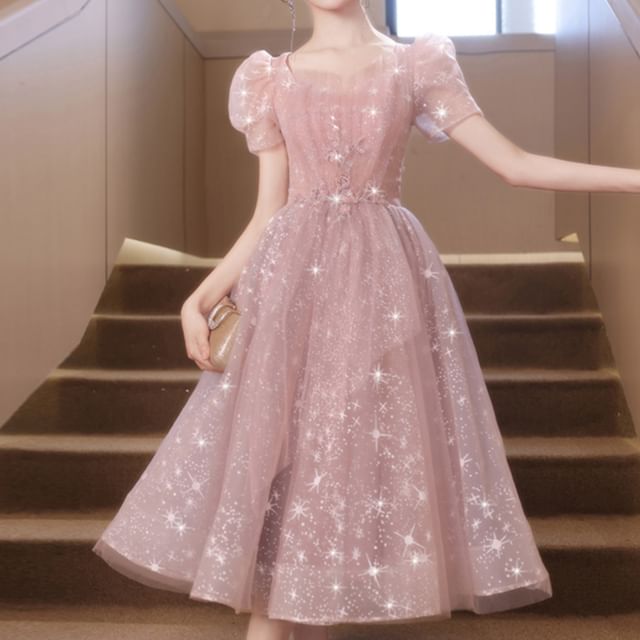 Dress Sequin A-Line Mesh Midi Short-Sleeve Cocktail