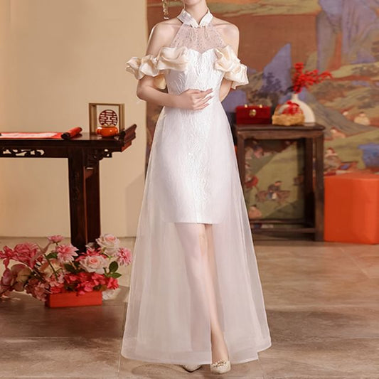A-Line Cold-Shoulder Asymmetrical Halter Dress Wedding